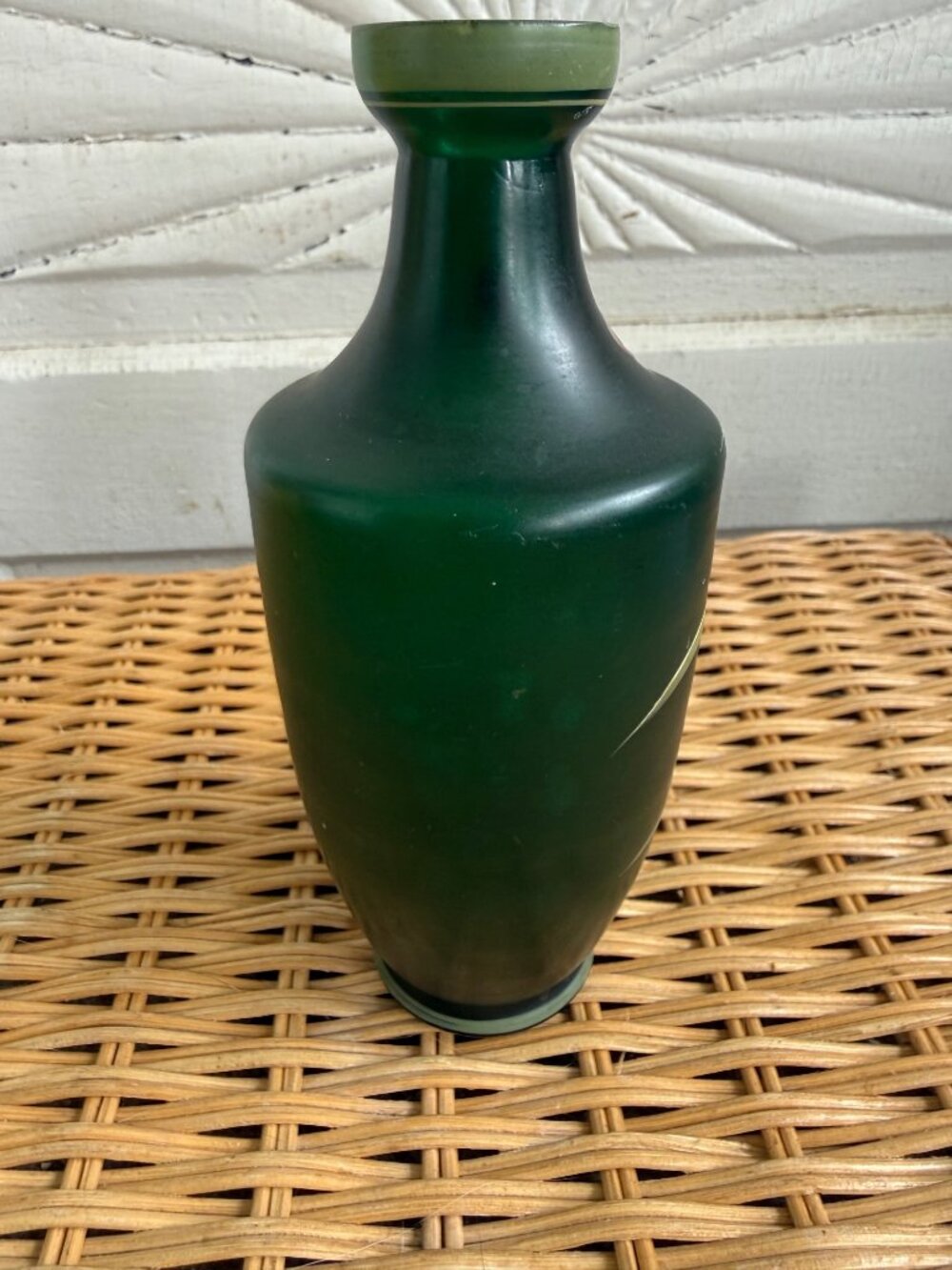 Antique 1910s Carl Goldberg Bohemian Art Nouveau Green Glass Vase Purple Flowers - Picture 7 of 10